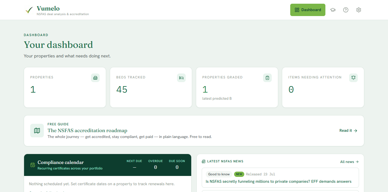 The Vumelo dashboard: properties, compliance calendar and live NSFAS news